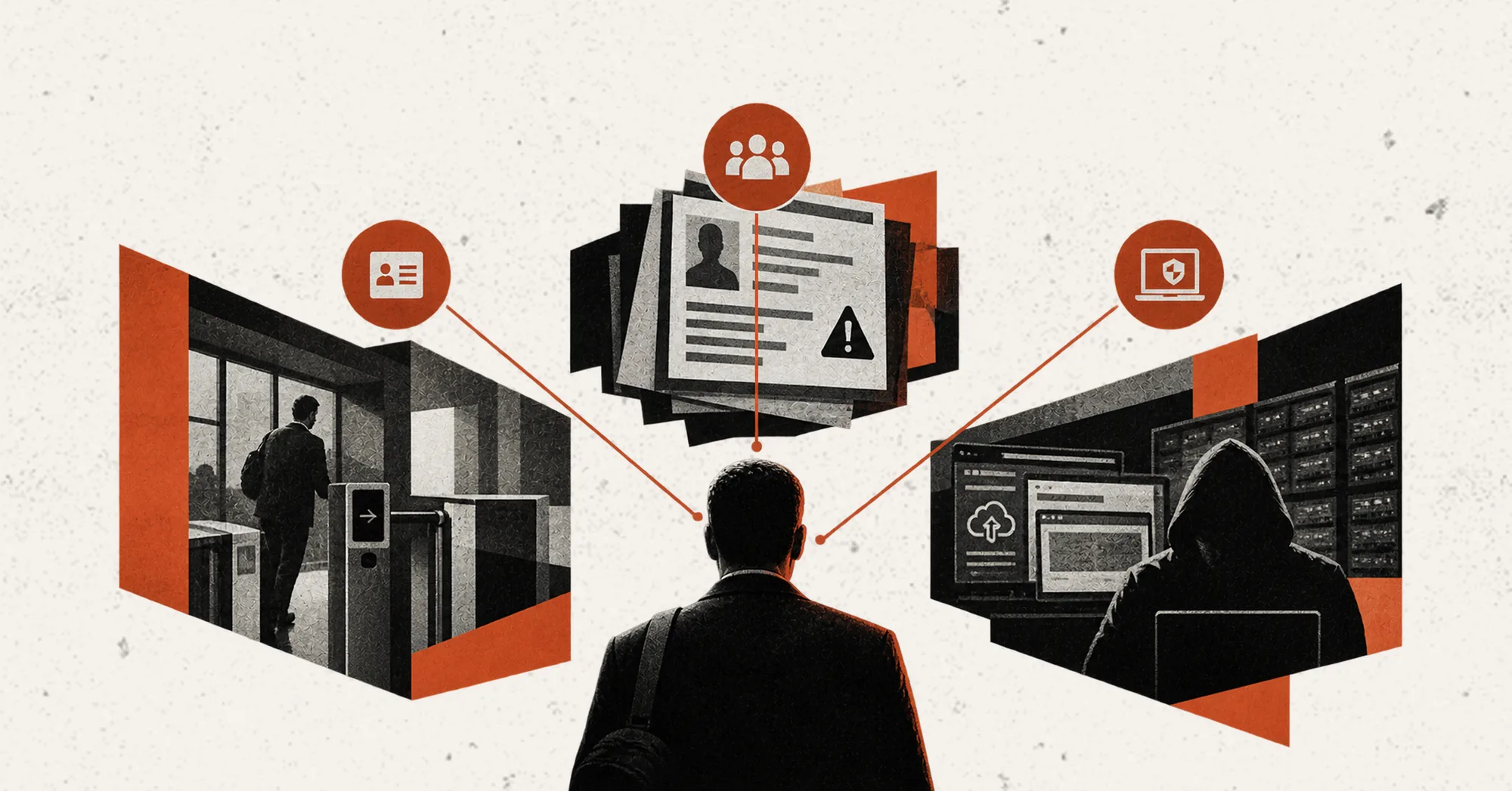 A person seen from behind, linked to three records: an employee passing a badge turnstile, an HR file marked with a warning, and a hooded figure uploading files to the cloud, illustrating physical security, HR and cybersecurity information about the same person