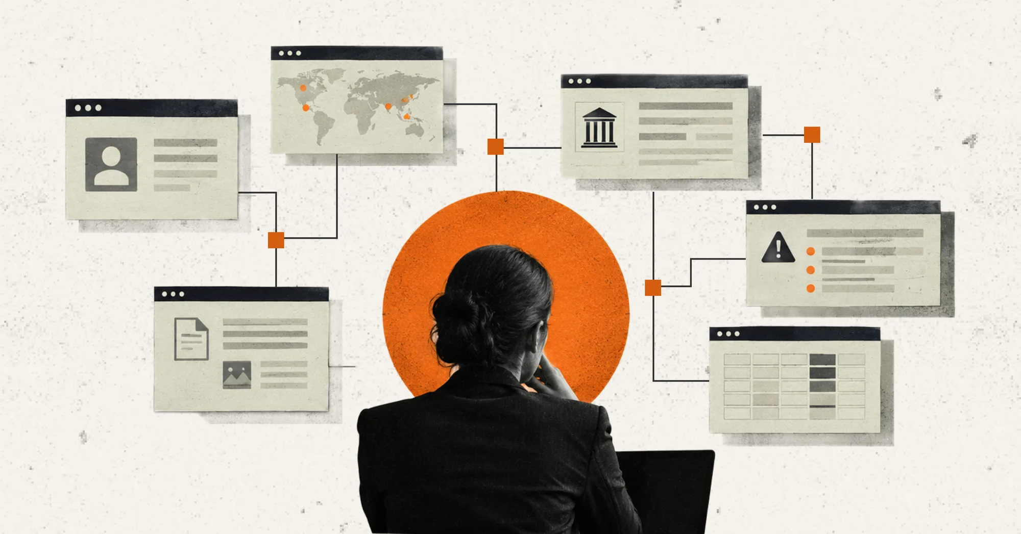 An investigator at a laptop in front of linked windows showing a person profile, a world map, a bank, a document, a warning alert and a data table, illustrating information from separate systems brought together