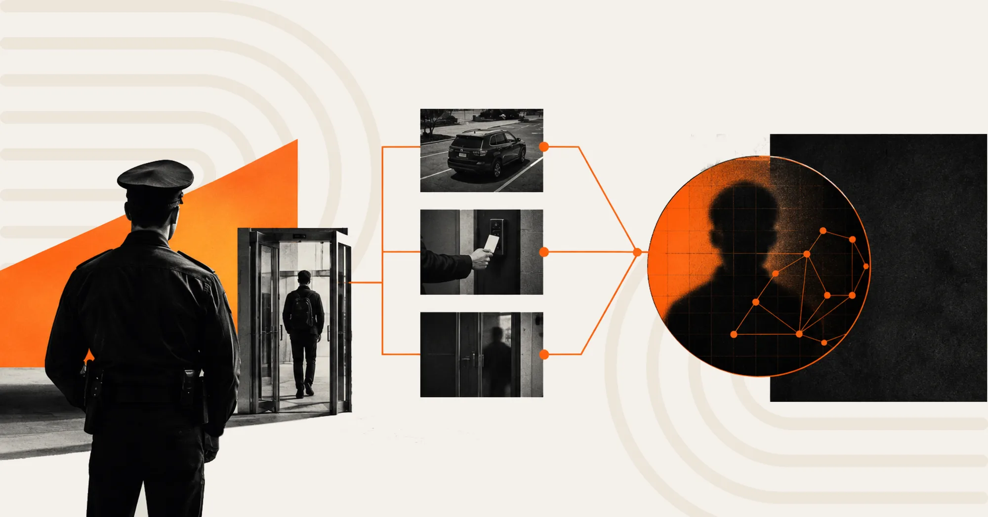A security guard watching a person walk through a revolving door, with linked images of a parked vehicle, a badge reader and a shadowy figure at a door feeding into a profile network, illustrating how separate low-severity incidents connect into one pattern