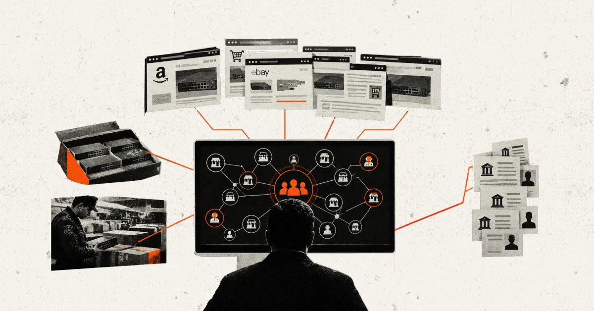 An investigator at a monitor showing a network of linked sellers, connected to marketplace listings for networking equipment, seized shipments, a customs officer inspecting boxes and company records
