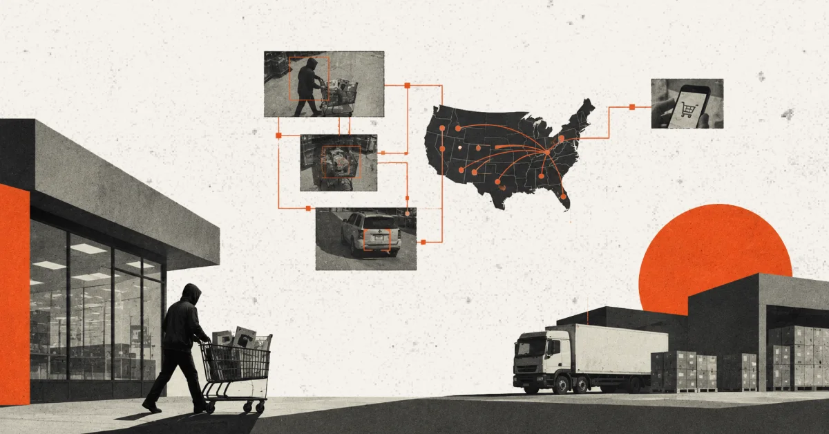 A hooded shoplifter pushing a cart of boxed goods out of a store, linked by surveillance stills and a vehicle to a map of the United States, a delivery truck at a warehouse and an online shopping cart, illustrating stolen goods moving from store to resale