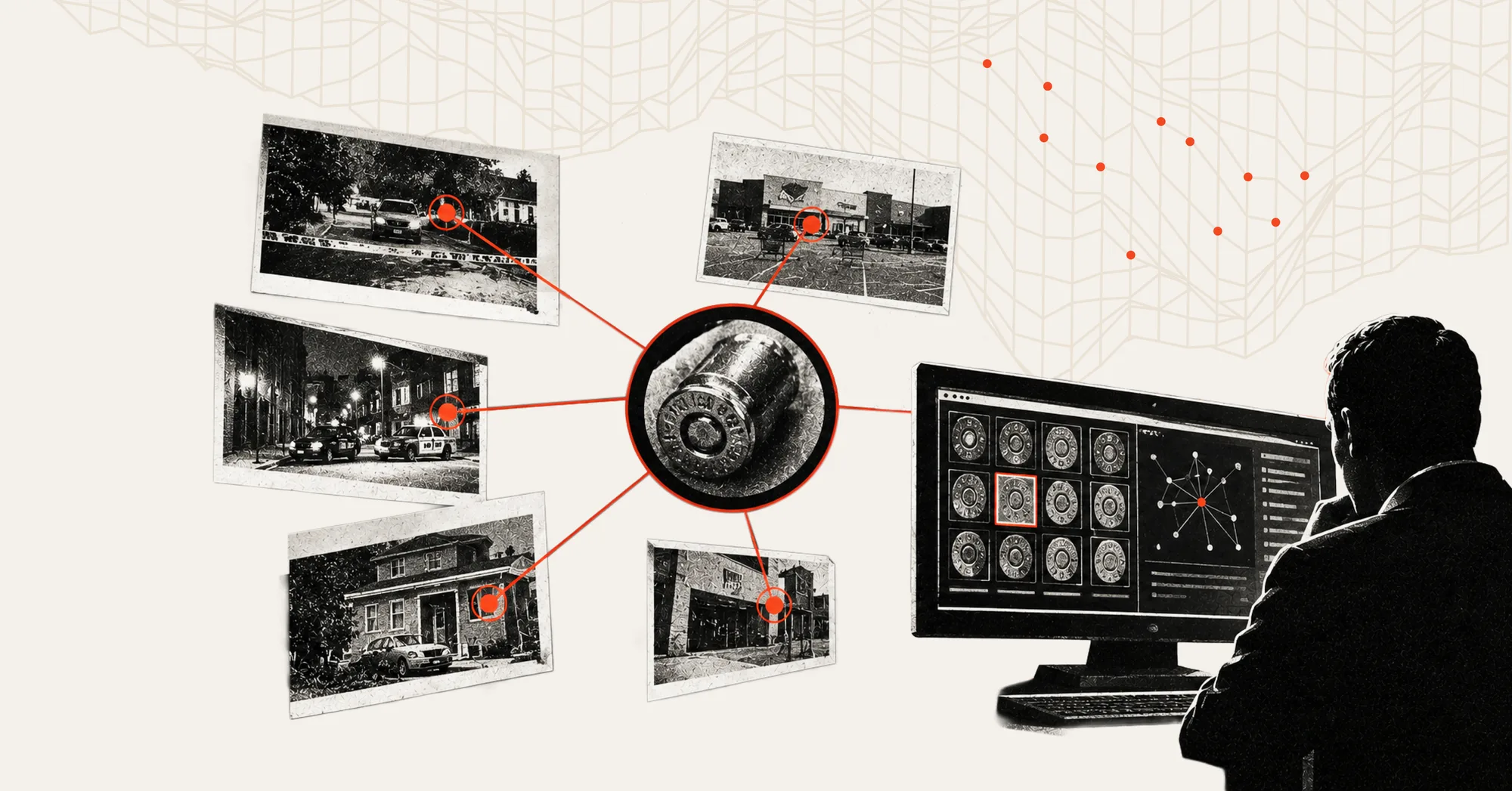 Photos of several separate crime scenes linked by red lines to a single cartridge casing, with an analyst comparing ballistic images on a screen, illustrating how one piece of evidence connects cases that looked unrelated